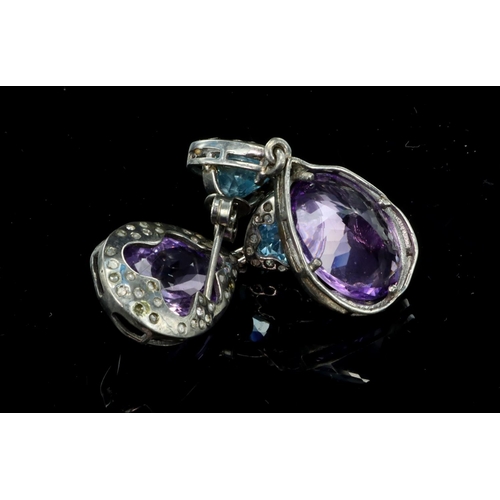 130 - As new Amethyst and Blue Topaz Earrings in Sterling Silver with Rose Cut Diamonds - 0.70ct Diamonds ... 