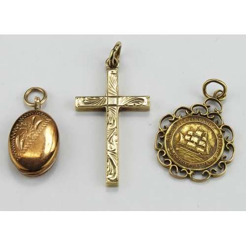 134 - Three 9ct yellow gold pendants to include a cross, locket and scroll edge pendant, weight 7.8g