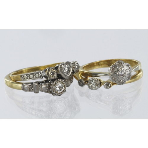 154 - Four 18ct yellow gold and platinum diamond set rings, weight 8.3g