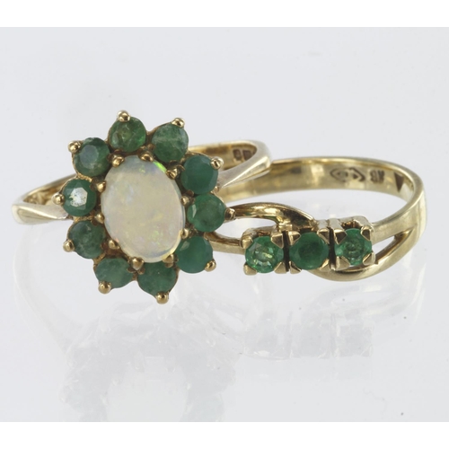 174 - 9ct yellow gold opal and emerald cluster ring, finger size O, weight 2.5g, and a 9ct emerald three s... 