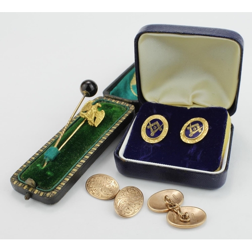 178 - Two yellow metal hatpins along with a pair of 9ct gold cufflinks & pair of yellow metal Masonic cuff... 