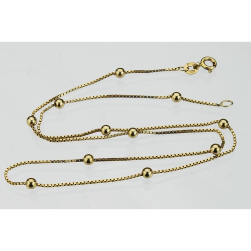 182 - 14ct yellow gold box chain necklace with equally spaced ball decoration and bolt ring clasp. Length ... 