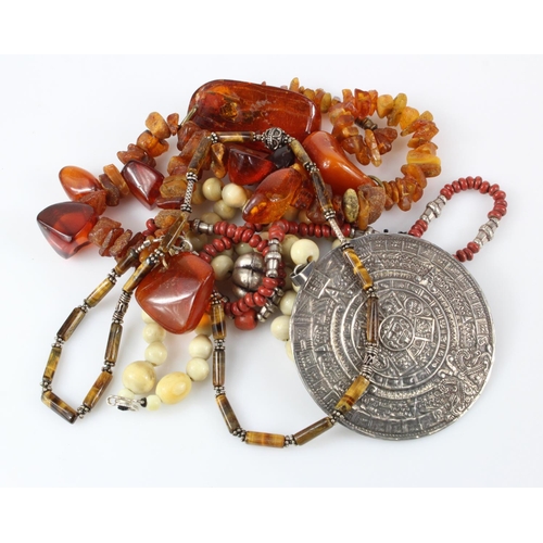 191 - Necklaces. Four Necklaces, comprising a natural amber & three bead necklace (one with large sterling... 