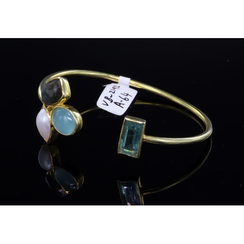 195 - As new Silver Bangle Gold Plated with Gemstones. Fluorite, Labradorite, Pearl and Chalcedony