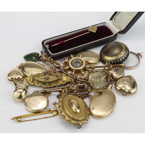 196 - Mixture of 9ct / Yellow metal lockets, brooches, fobs etc.