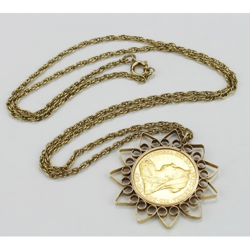 206 - Victorian Sovereign dated 1900 in a pendant mount on a 9ct chain (24 inches). Total weight 17.7g