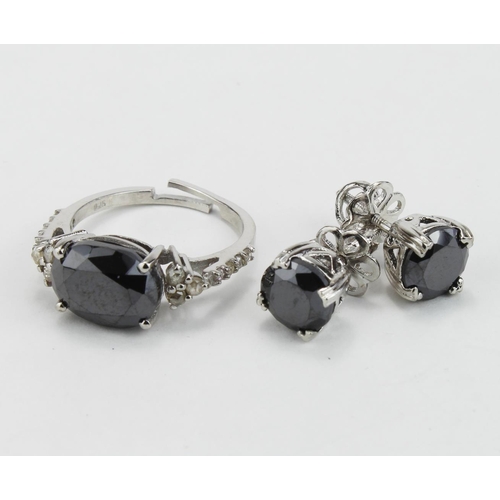 207 - White metal Oval Black Moissanite (approx 3ct) Diamond Ring with Rose Cut Diamonds and matching stud... 