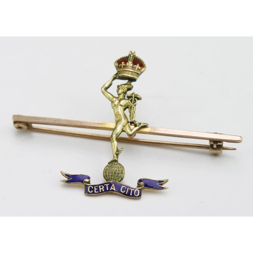 215 - Sweetheart badge. 9ct gold 'Royal Corps of Signals' sweetheart badge, depicting Greek God Hermes, ra... 