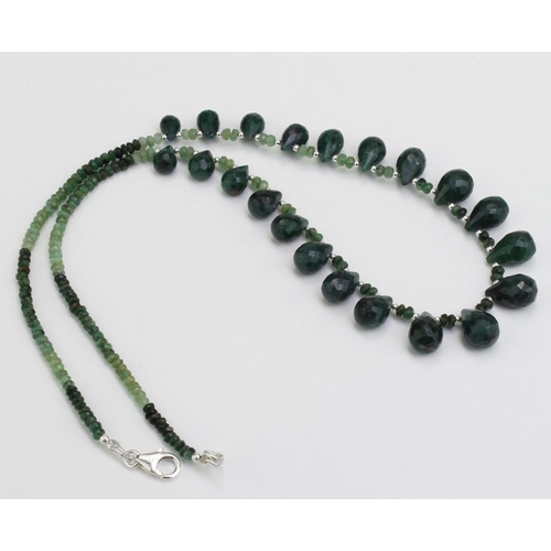 225 - Light & Dark Shaded Emerald Bead Necklace With Emerald Drops total approx 126cts, 18 inches in lengt... 