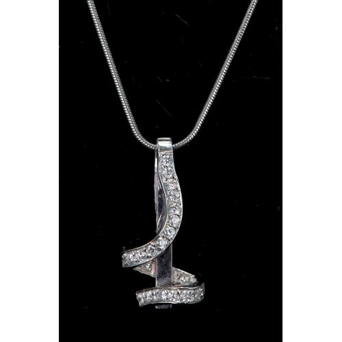 264 - 9ct white gold bar and swirl pendant set with cz, on a 62cm 9ct white gold snake chain, weight 8.2g