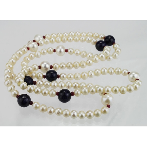 270 - Freshwater Pearl Necklace With Cabochon Blue Sapphires & Rubies, 6mm-10mm. Approx 311cts, length 30 ... 