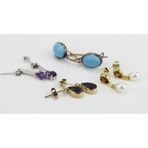 276 - Earrings. Four pairs of 9ct Gold and yellow metal earrings with stones (two pairs unmarked), total w... 