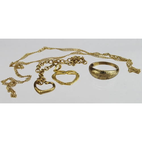 291 - Mixed lot to include a 9ct yellow gold heart bracelet, weight 1.1g. A silver gilt hear pendant, weig... 