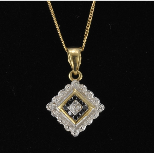 300 - 9ct yellow gold offset square black and white diamond set pendant and fine chain, weight 1.6g