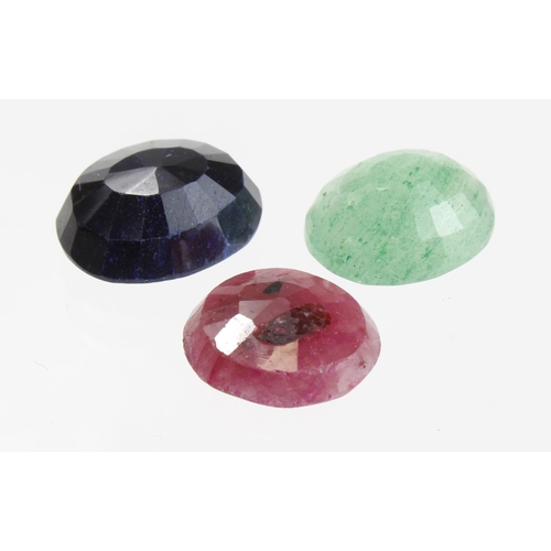 323 - Three Gemstones. Ruby (6.3ct), Emerald (6ct) & Blue Sapphire (10.1ct) all with certificates