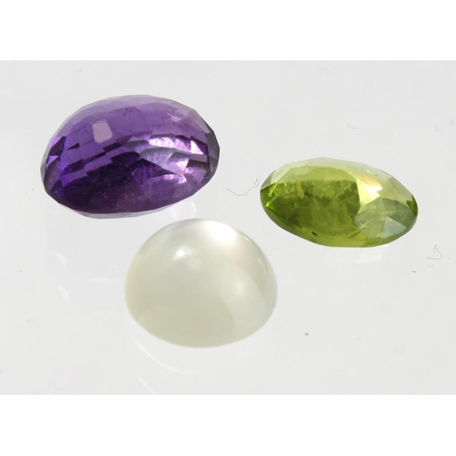 327 - Three Gemstones. Peridot (2.3ct), Moonstone (3.2ct) & Amethyst (5.29ct) all with certificates