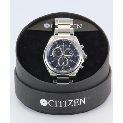 344 - Gents stainless steel cased Citizen Eco Drive WR100 chronograph wristwatch, Boxed, working when cata... 