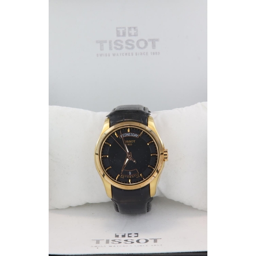 347 - Gents Tissot rose gold plated automatic wristwatch. The black 33mm dial with rose gold baton markers... 