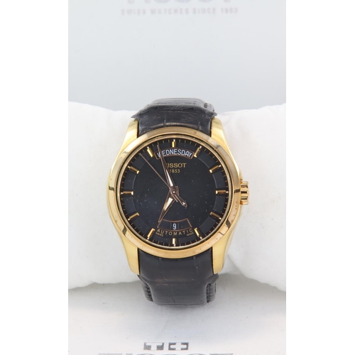 347 - Gents Tissot rose gold plated automatic wristwatch. The black 33mm dial with rose gold baton markers... 