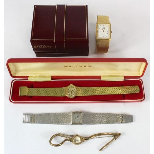 350 - Ladies 9ct cased Rotary wristwatch on a 9ct strap along with three other wristwatches (non gold) by ... 