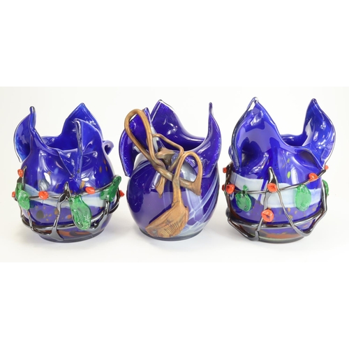 626 - Three Misu Coman (Romania 1961) Cobalt blue Hand Blown Glass Vases. All signed. Two with glass leaf ... 