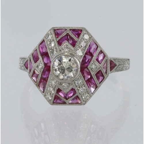 66 - Platinum hexagonal diamond and ruby Art Deco style ring set with principal round brilliant cut diamo... 