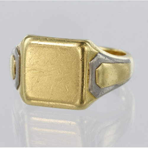 79 - 18ct yellow gold square head signet ring with white gold inset on shoulders, finger size Q, weight 1... 