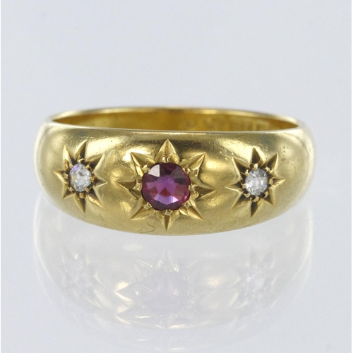 80 - 18ct yellow gold flared gypsy set ring with single 3mm ruby and a round old cut diamond either side ... 