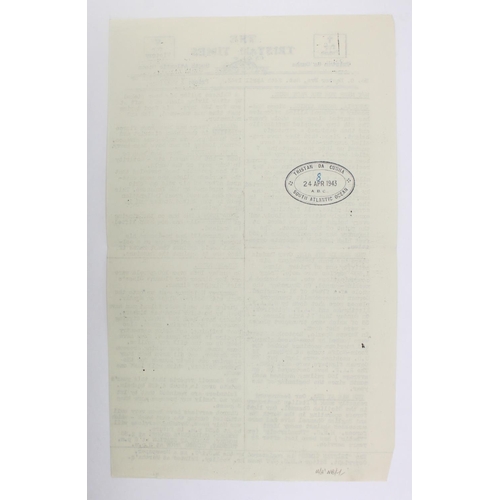 830 - [Tristan Da Cunha] A scarce original War date edition of The Tristan Times, one page, folio, South A... 