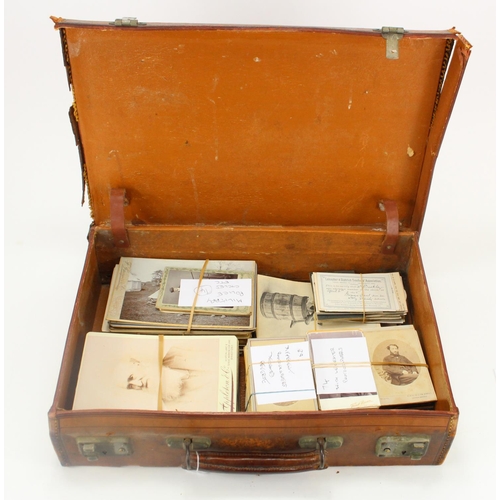 889 - Small leather suitcase with a collection of Victorian Carte de Visite and Cabinet Photos. Interestin... 