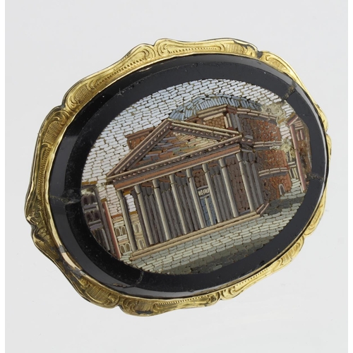 920 - 19th century yellow metal micro mosaic oval brooch depicting The Pantheon in Rome. Approx 55mm x 44m... 