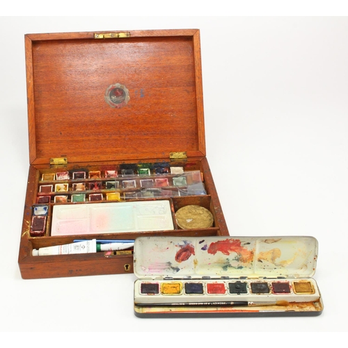 930 - Artists mahogany paint box, containing numerous, brushes, paints etc., label for 'Reeves & Sons' to ... 