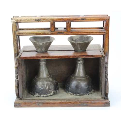 937 - Chinese / Tibetan interest. Two funnel shaped pewter beakers contained in an oak dowry style box wit... 