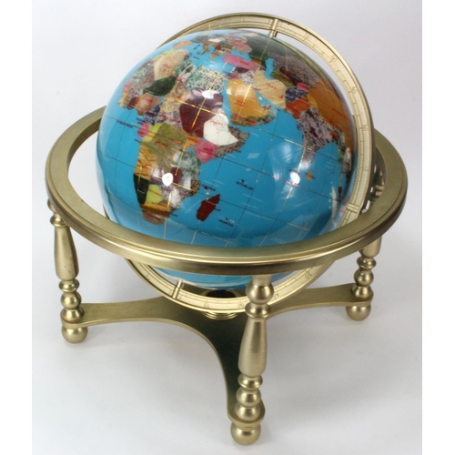 967 - Large semi precious stone globe on brass stand 45cm wide.