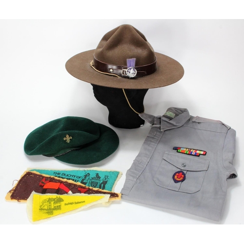 993 - Scout Hats (3) plus a Bedfordshire Scouting shirt. The three hats comprise two caps plus a Commissio... 