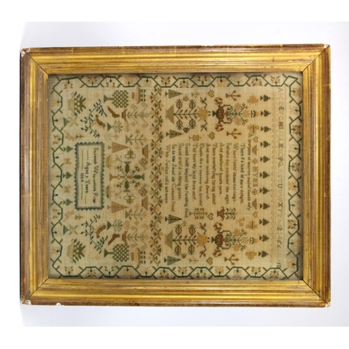 1022 - Victorian sampler by Susanah Winnenton Prior, Aged 9, dated 1844, elaborately decorated with birds, ... 