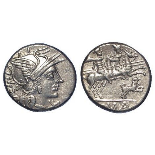 1639 - Roman Republican 'Dog Series' silver Denarius of C. Antestius, 146 BC. Head of Roma r. / Dioscuri ga... 