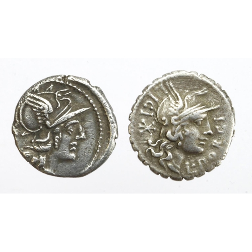 1640 - Roman Republican silver Denarii (2): C. Valerius C.f. Flaccus. 140 BC, head of Roma r. / Victory dri... 