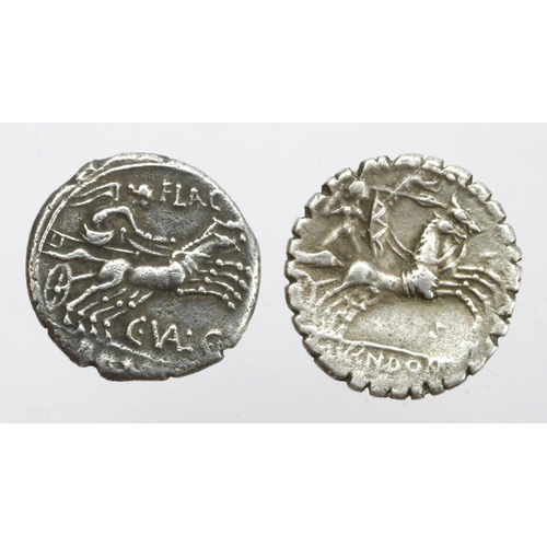 1640 - Roman Republican silver Denarii (2): C. Valerius C.f. Flaccus. 140 BC, head of Roma r. / Victory dri... 