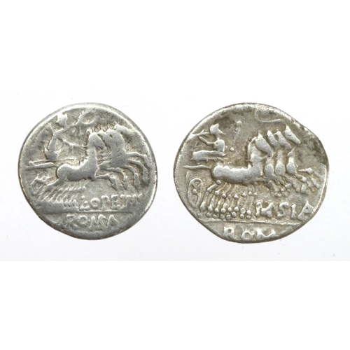 1642 - Roman Republican silver Denarii (2): Quintus Curtius. 116-115 BC, head of Roma r. / Victory driving ... 