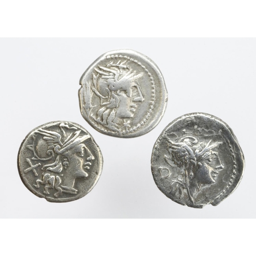 1645 - Roman Republican silver Denarii (3): CN. Domitius Ahenobarbus, 128 BC, head of Roma r. / Victory dri... 