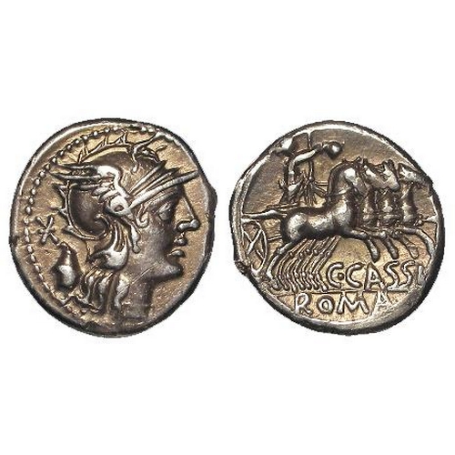 1647 - Roman Republican silver Denarius of C. Cassius. Rome, 126 BC, head of Roma r.; mark of value and urn... 