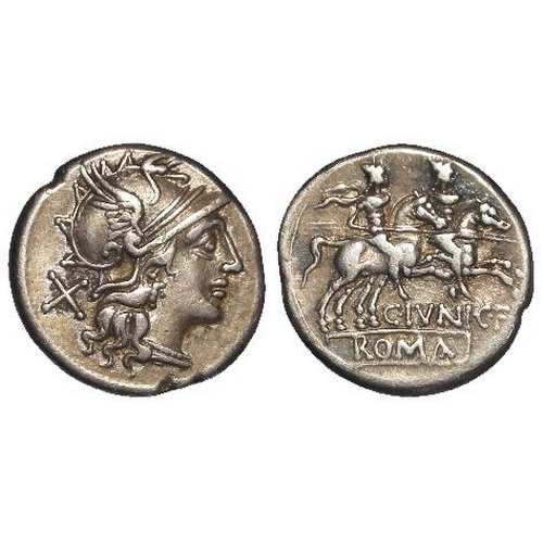 1649 - Roman Republican silver Denarius of C. Junius C.f., Rome 149 BC. Head of Roma r. / Dioscuri gallopin... 