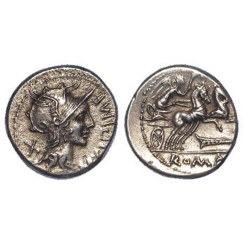 1652 - Roman Republican silver Denarius of M. Cipius M.f. 115-114 BC. Head of Roma r. / Victory driving big... 