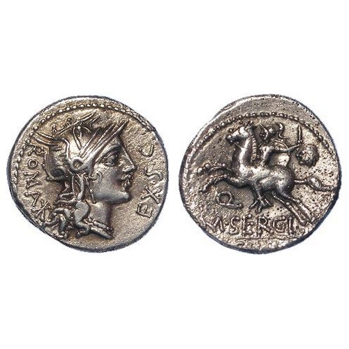 1653 - Roman Republican silver Denarius of M. Sergius Silus 116-115 BC. Head of Roma r., monogram mark of v... 