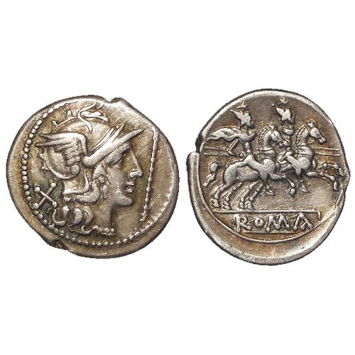 1655 - Roman Republican silver Denarius, anonymous, head of Roma / Dioscuri type, 200-190 BC. Similar to Cr... 