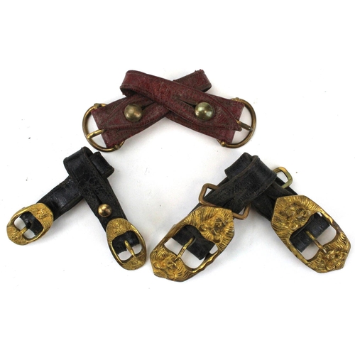 1735 - Mid-Victorian Yeomanry Lions Head Sword Hangers with leather straps. Three pairs in different design... 