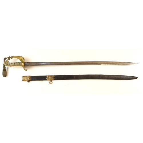 1738 - Naval Officers sword 1827 pattern, pipe backed, Victorian crown, shows age, missing bottom chape & f... 