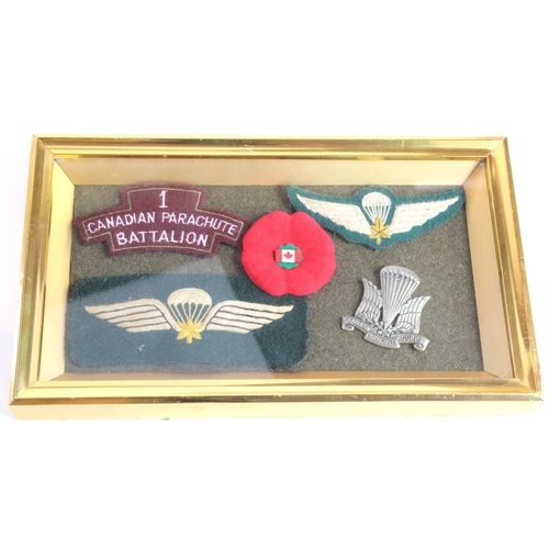 2166 - Badges: Canadian Parachute Battalion WW2 cloth and metal badges framed, all in excellent condition. ... 