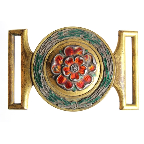 2175 - Belt buckle, Victorian era gilt brass and enamel (enamel damaged) with central red Lancastrian rose